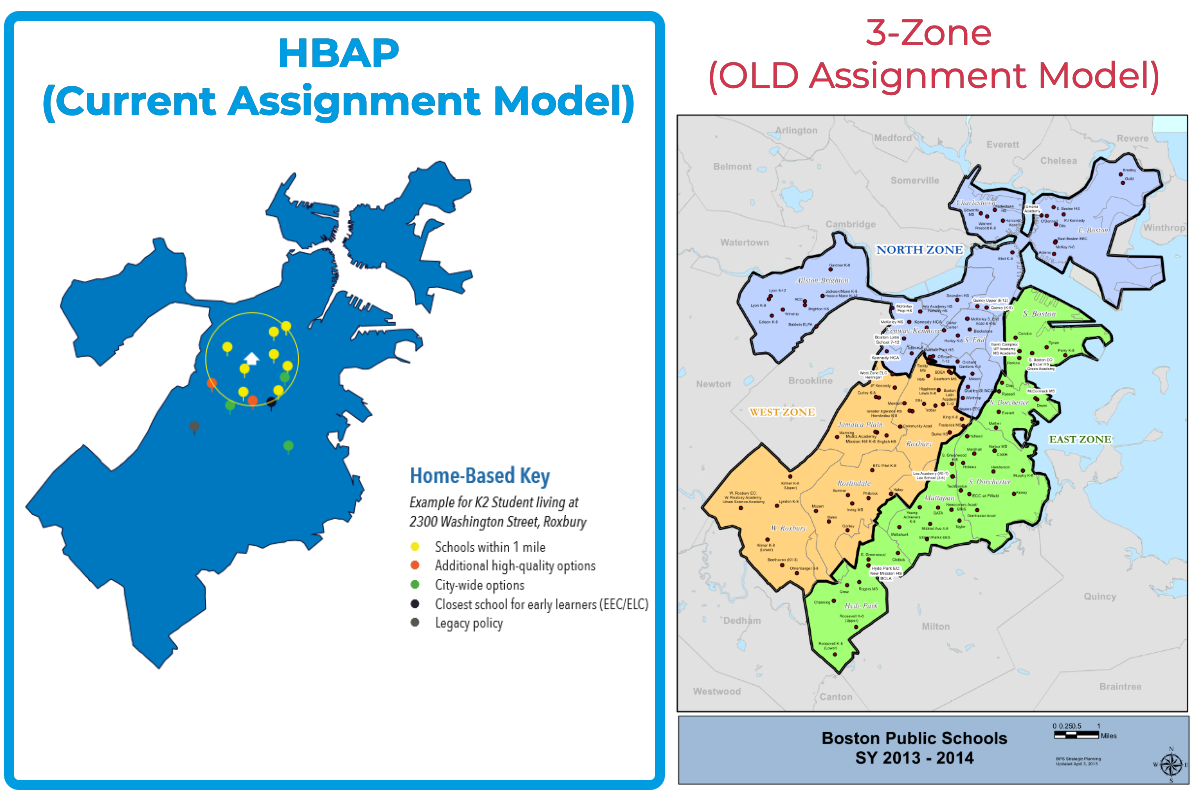 خريطة مقارنة سياسات اختيار مدارس Boston Public Schools 3 مناطق سياسة الاختيار حسب محل الإقامة (HBAP)